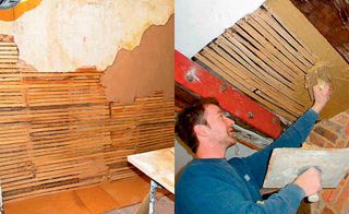 Plastering over laths on walls and ceilings