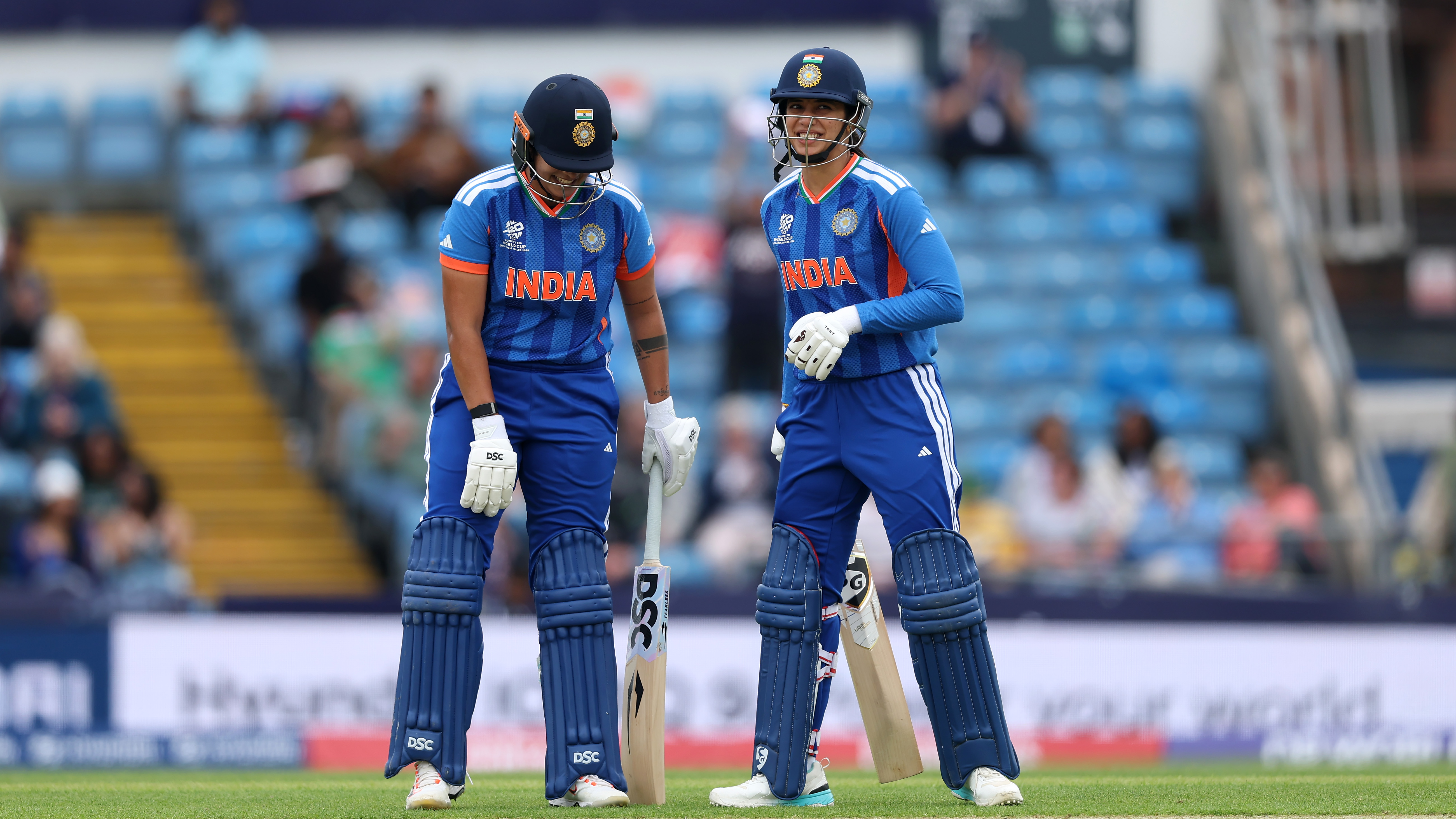 Smriti Mandhana and Shafali Verma of India interact during the ICC Women's T20 World Cup Group A match between India and Netherlands