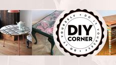 A graphic depicting various upcycled coffee tables with monochrome black and white DIY corner roundel