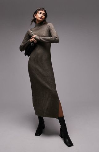 Long Sleeve Funnel Neck Rib Sweater Dress