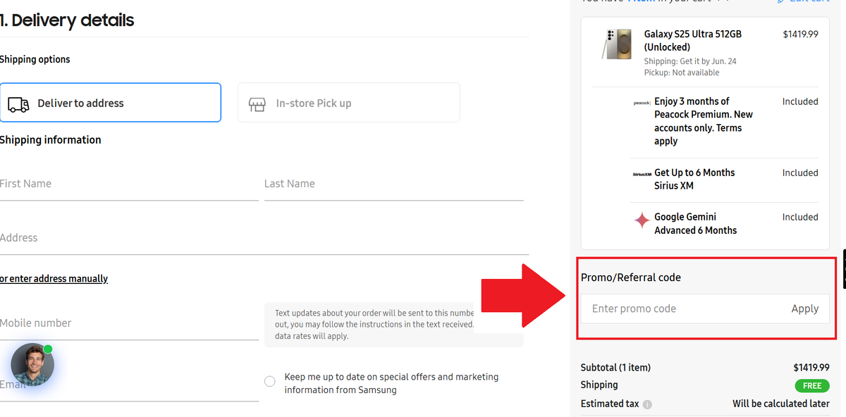 A screenshot of the Samsung checkout page showing where to enter your Samsung promo code