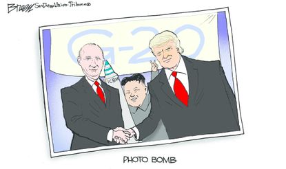 Political cartoon U.S. Trump Putin negotiations Kim Jong Un photo bomb missiles