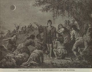 A depiction of Columbus observing a lunar eclipse in Jamaica in 1502.