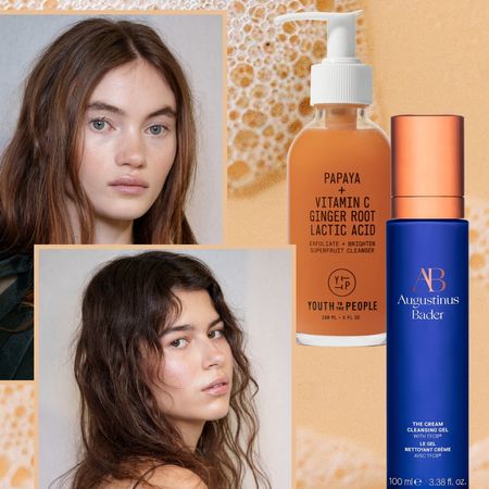 orange foam background with two girls with clear skin next to face washes 