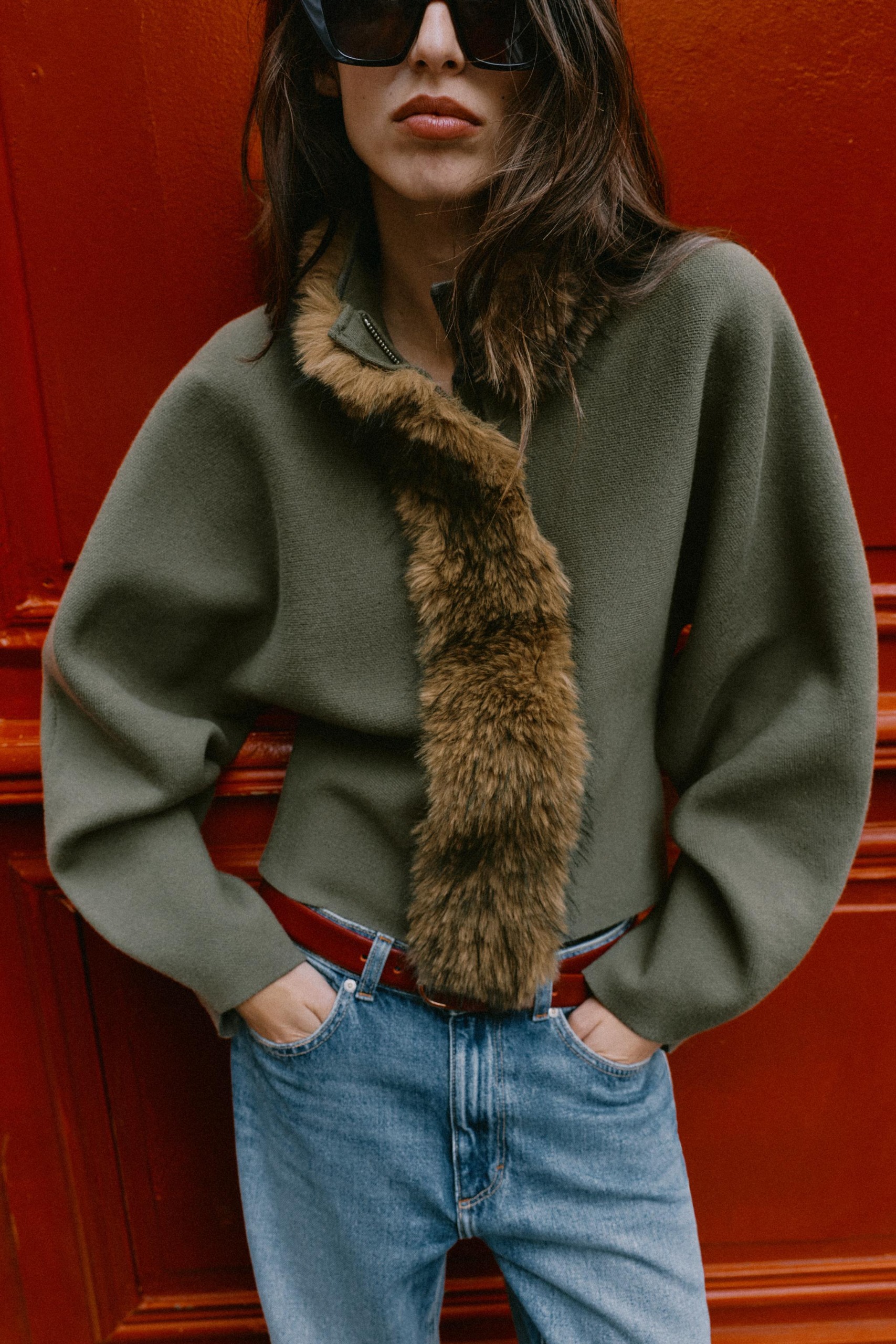 Combined Faux Fur Effect Cardigan - Khaki - S