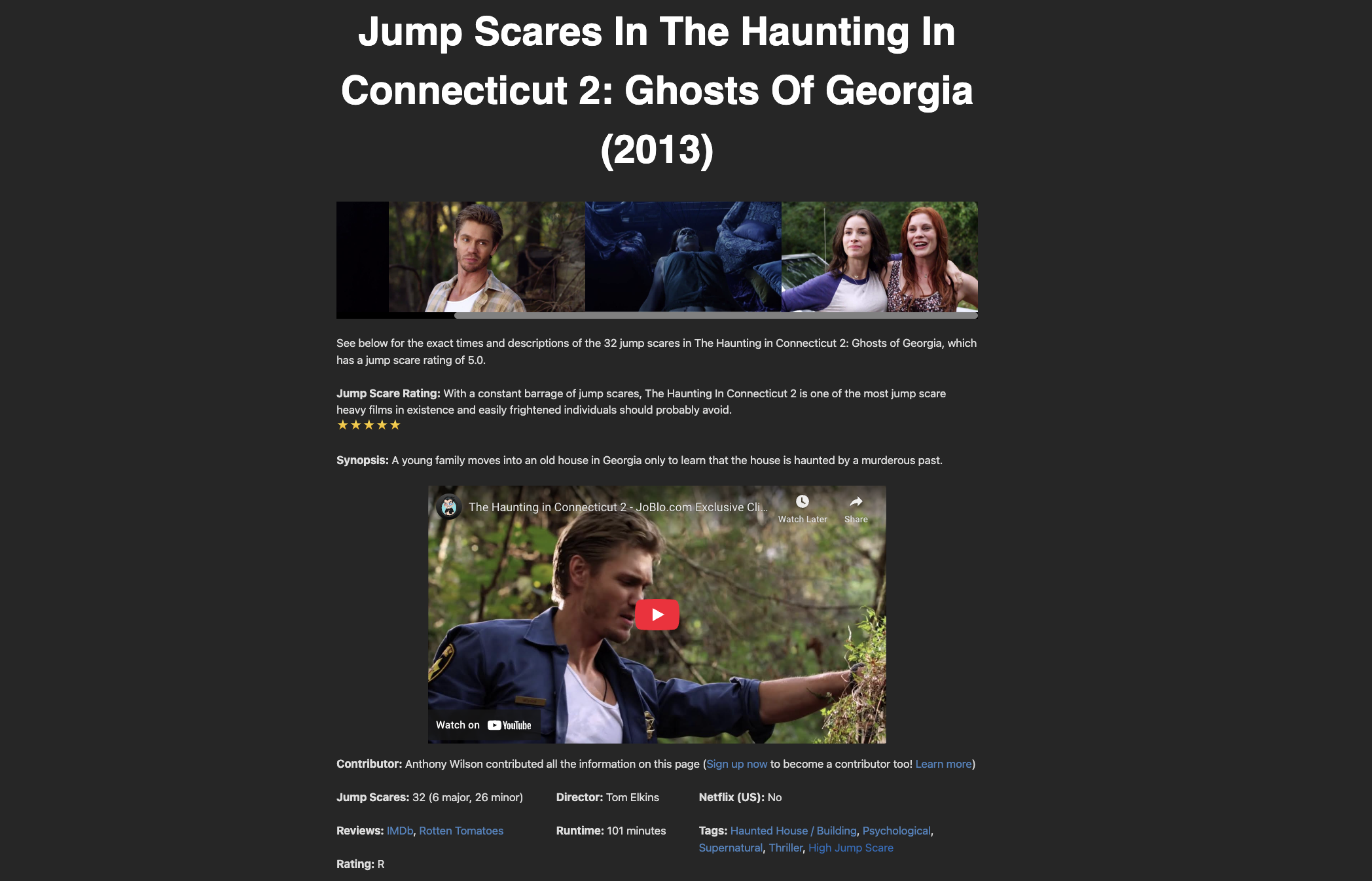 The Haunting of Connecticut 2: Ghosts of Georgia jump scare page outlining facts about the movie