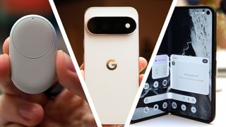 A hand holding the Google Pixel Tag and Google Pixel 11 Pro, with the Google Pixel 11 Pro Fold on a table
