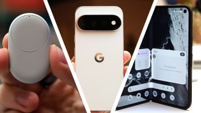 A hand holding the Google Pixel Tag and Google Pixel 11 Pro, with the Google Pixel 11 Pro Fold on a table