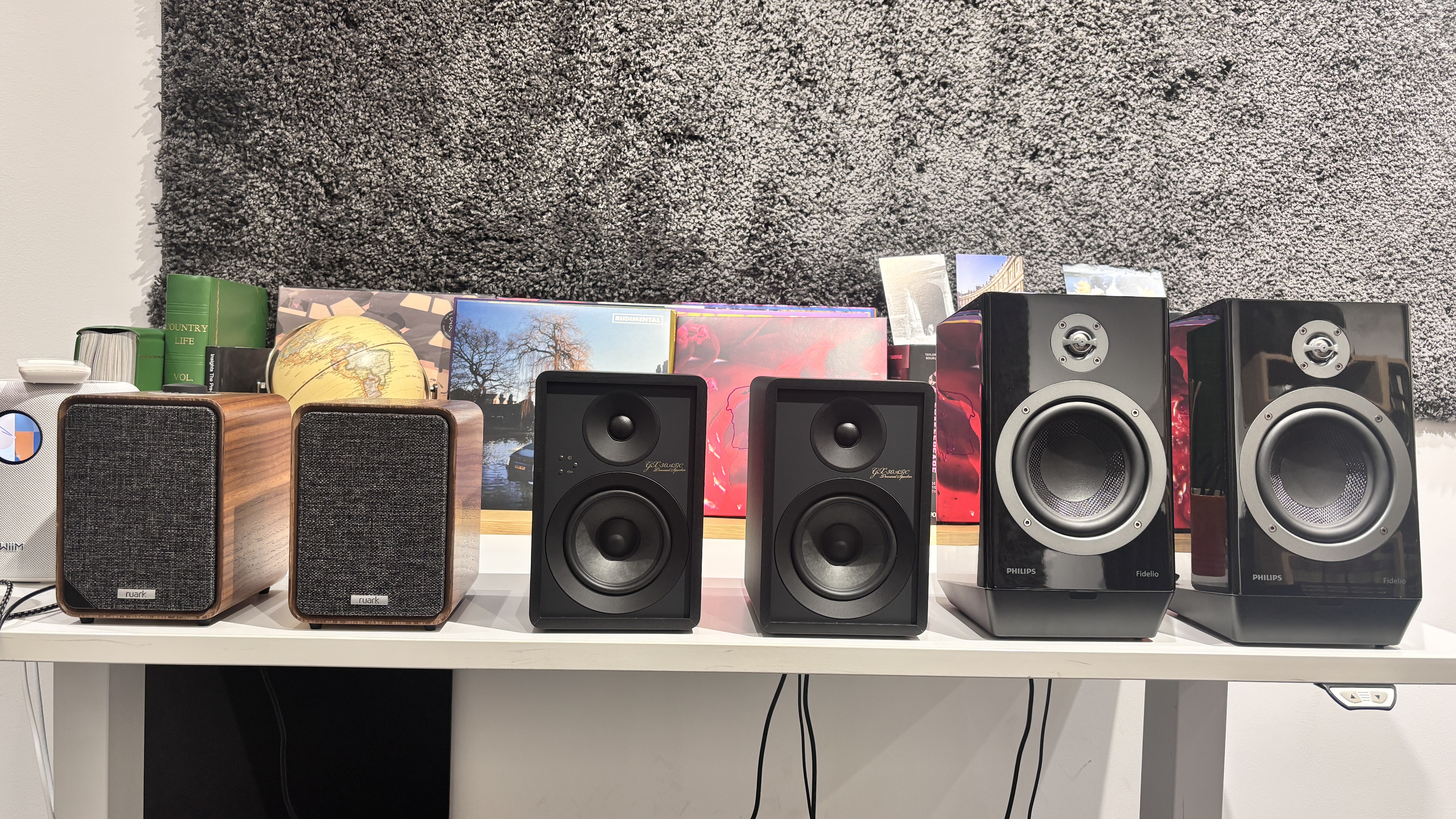 Desktop speaker group test shot of Ruark, Philips and Onkyo speakers together 