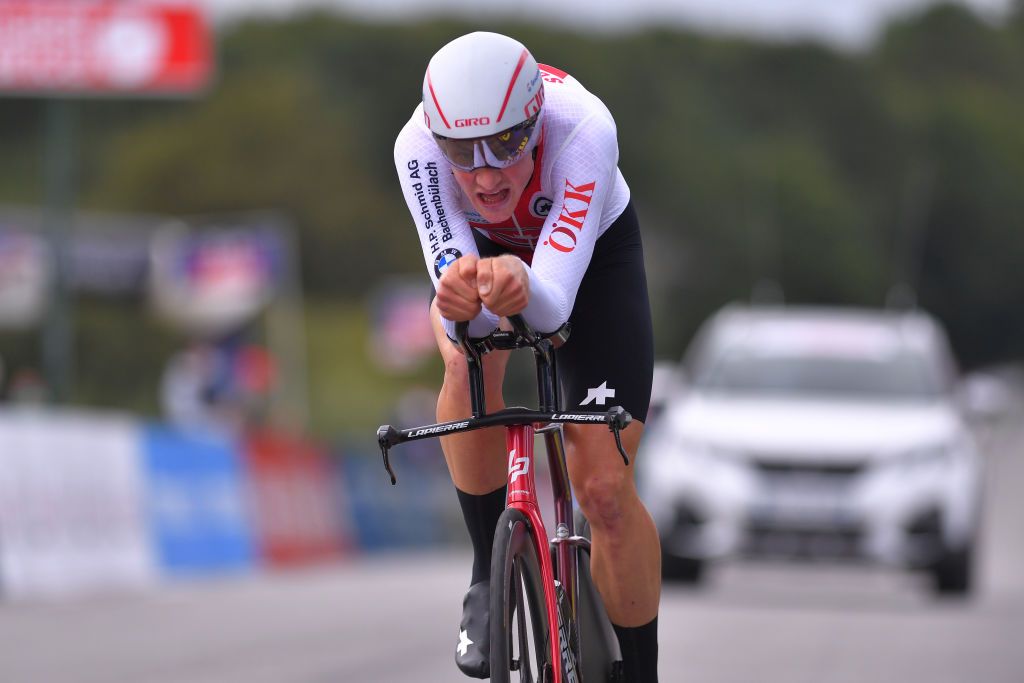 PLOUAY FRANCE AUGUST 24 Arrival Stefan Kung of Switzerland during the 26th UEC Road European Championships 2020 Mens Elite Individual Time Trial a 256km race from Plouay to Plouay ITT UECcycling EuroRoad20 on August 24 2020 in Plouay France Photo by Luc ClaessenGetty Images