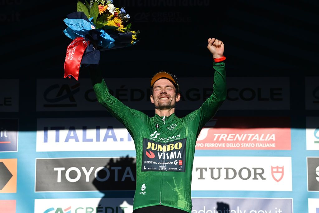 SAN BENEDETTO DEL TRONTO ITALY MARCH 12 Primoz Roglic of Slovenia and Team Jumbo Visma celebrates at podium as Green Mountain Jersey winner during the 58th TirrenoAdriatico 2023 Stage 7 a 154km stage from San Benedetto del Tronto to San Benedetto del Tronto UCIWT TirrenoAdriatico on March 12 2023 in San Benedetto del Tronto Italy Photo by Tim de WaeleGetty Images
