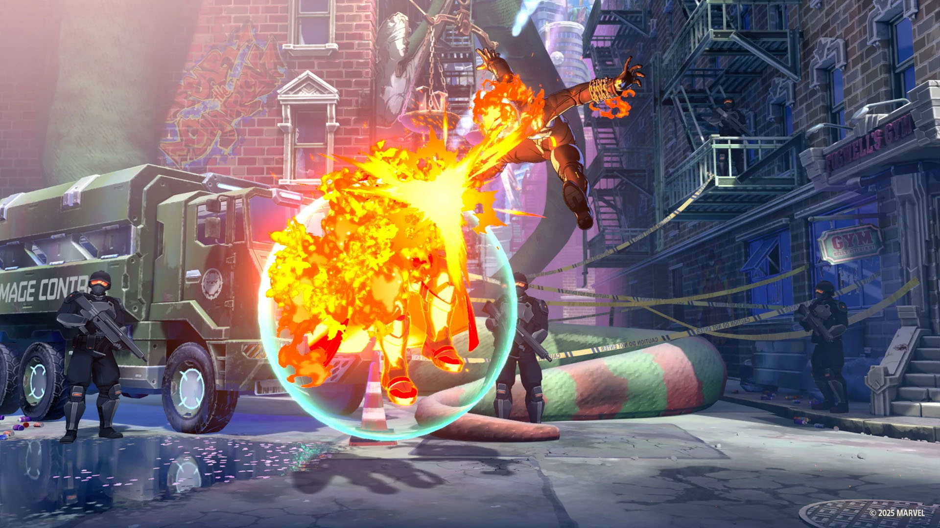 Ghost Rider blasts Doctor Door with flame breath in Marvel Tokon: Fighting Souls in a back alley