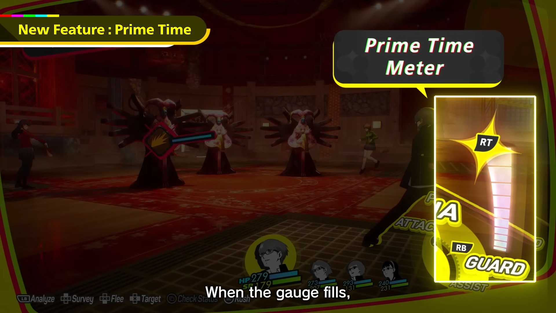 Screenshot from a video game shows an in-combat scene with a "Prime Time Meter." The screen includes character stats, vibrant colors, and dynamic action.