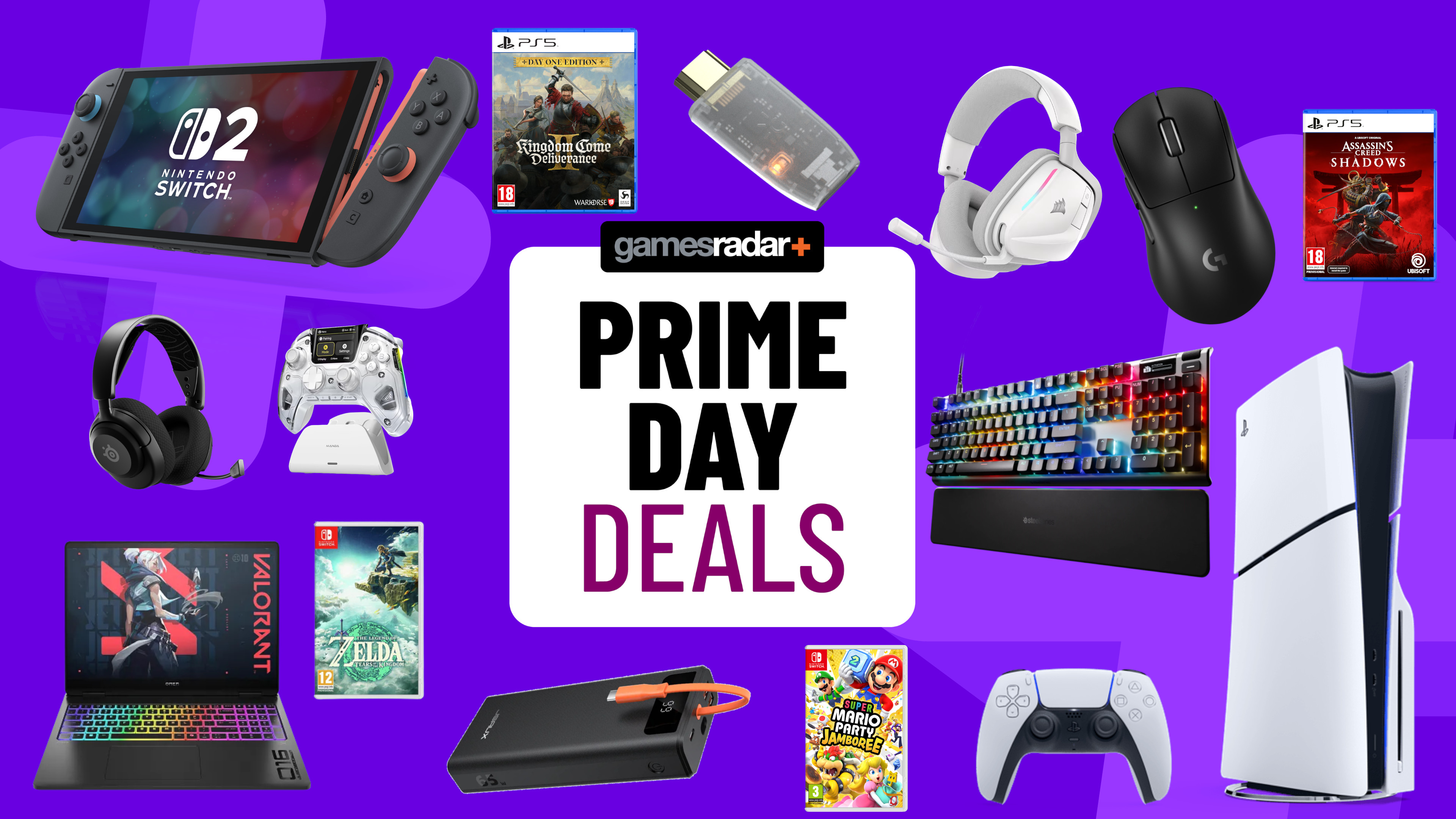 Amazon Prime Day badge surrounded by PS5, Xbox, Nintendo Switch, and PC accessories on a purple background