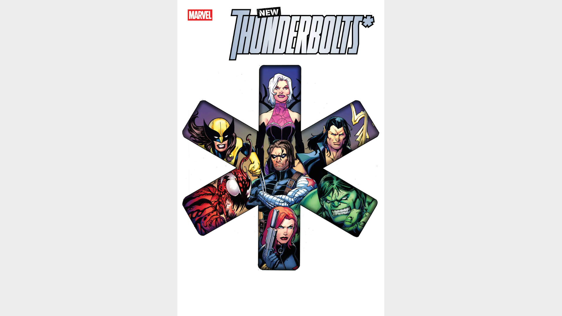 The members of the New Thunderbolts arranged in an asterisk shape