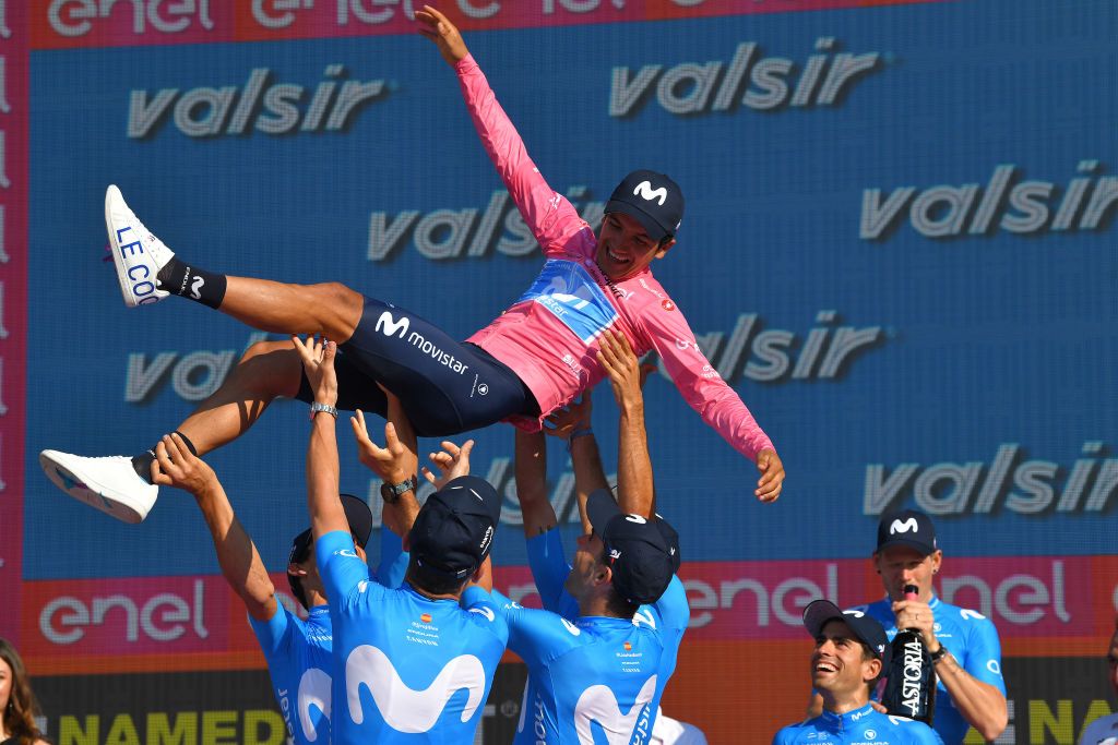 Movistar hoist Richard Carapaz in the air after his Giro win