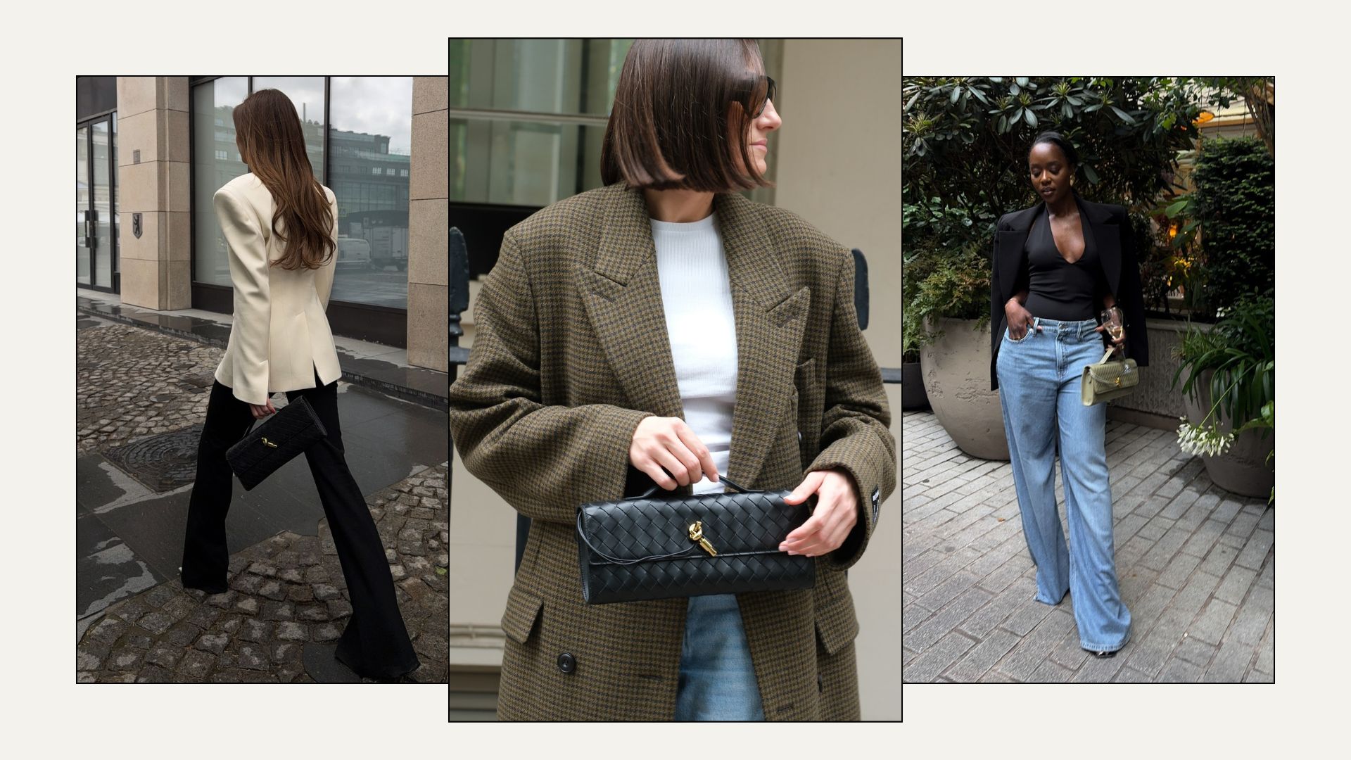 Woman wears cream blazer and black trousers; woman wears tweed blazer, white T-shirt and blue jeans; woman wears black blazer, black top and blue jeans