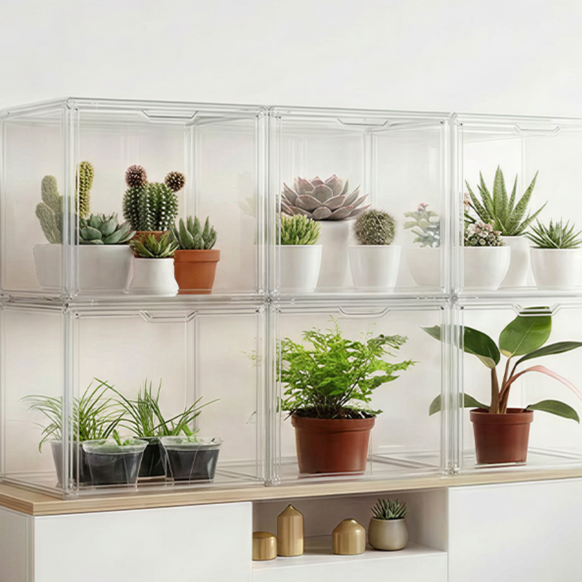HBlife Mini Greenhouses displayed with houseplants against a wall