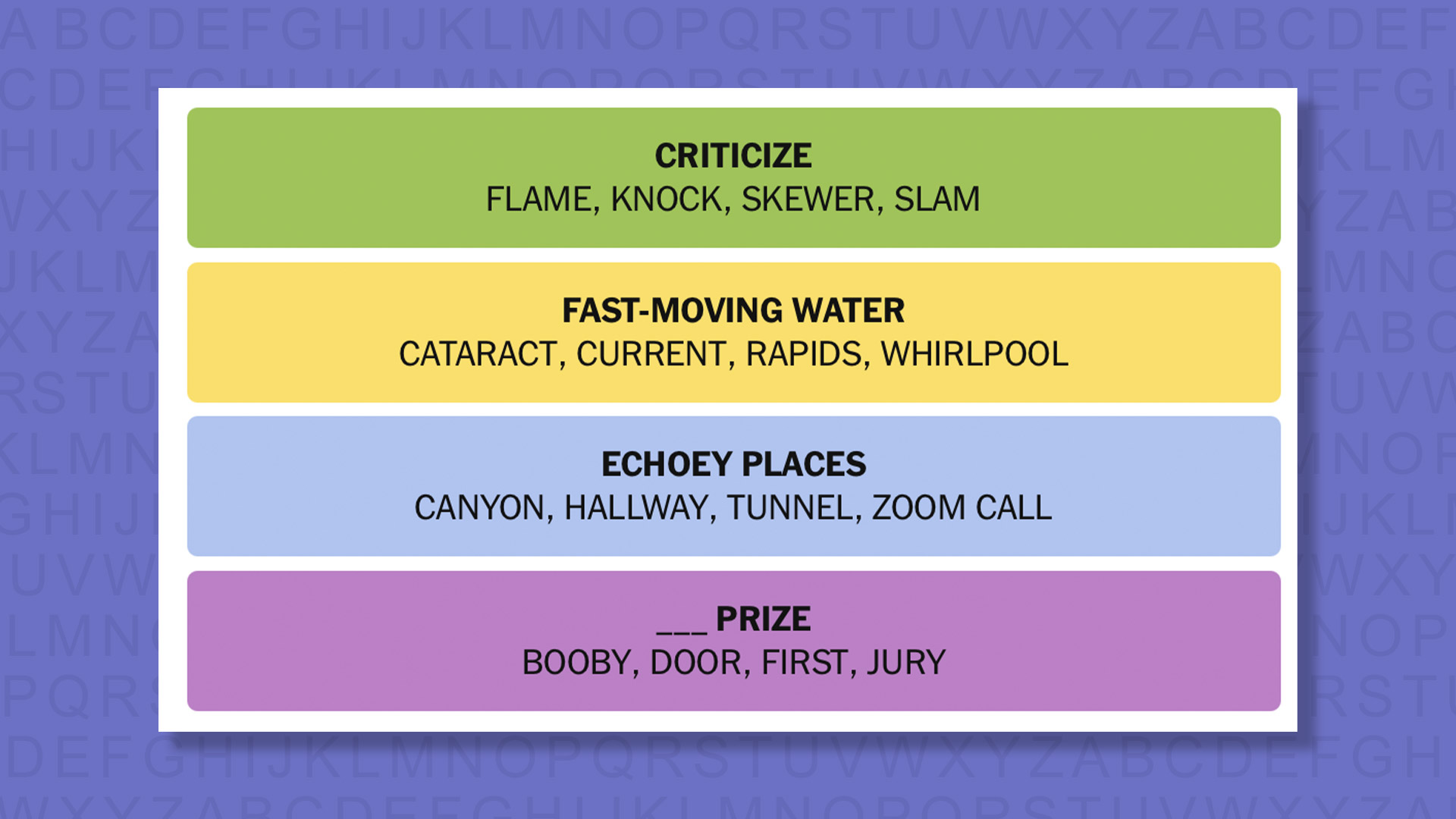 NYT Connections answers for game 843 on a purple background