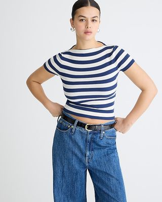 Fine-Rib Fitted Boatneck T-Shirt in Stripe