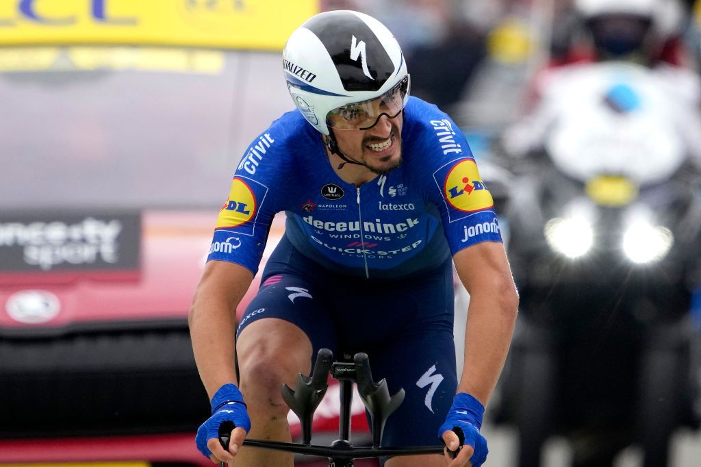 LAVAL ESPACE MAYENNE FRANCE JUNE 30 Julian Alaphilippe of France and Team Deceuninck QuickStep at arrival during the 108th Tour de France 2021 Stage 5 a 272km Individual Time Trial stage from Chang to Laval Espace Mayenne 90m ITT LeTour TDF2021 on June 30 2021 in Laval Espace Mayenne France Photo by Christophe Ena PoolGetty Images