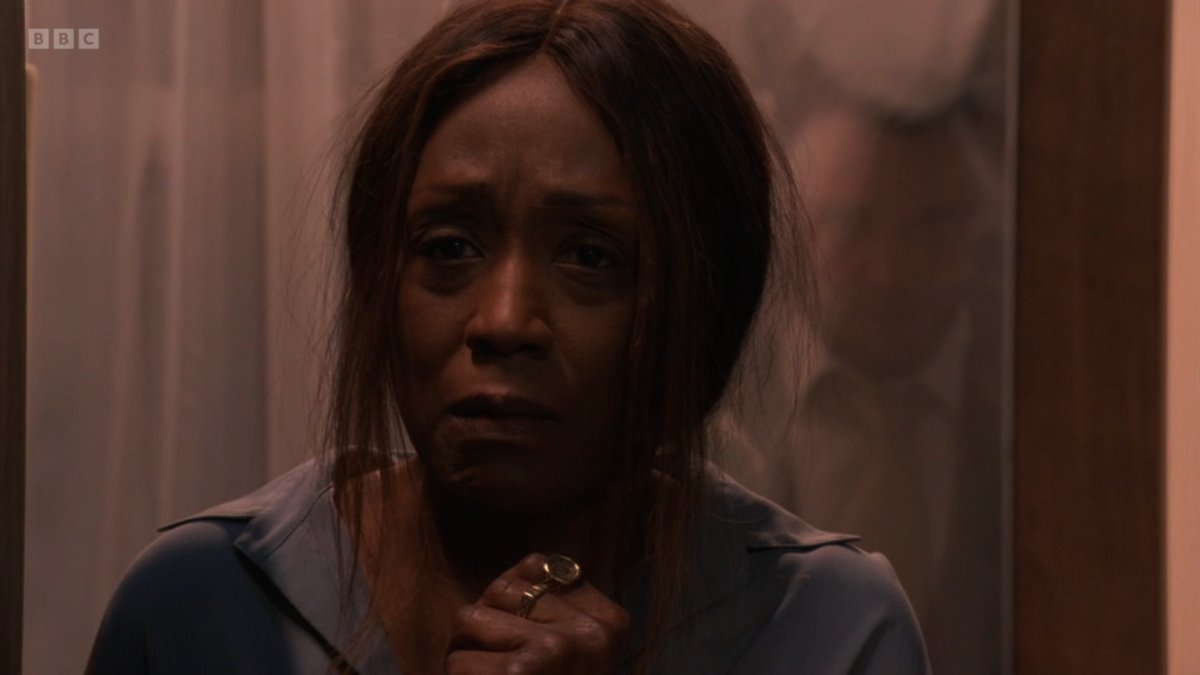 Denise Fox sees dead Keanu Taylor in the window in EastEnders