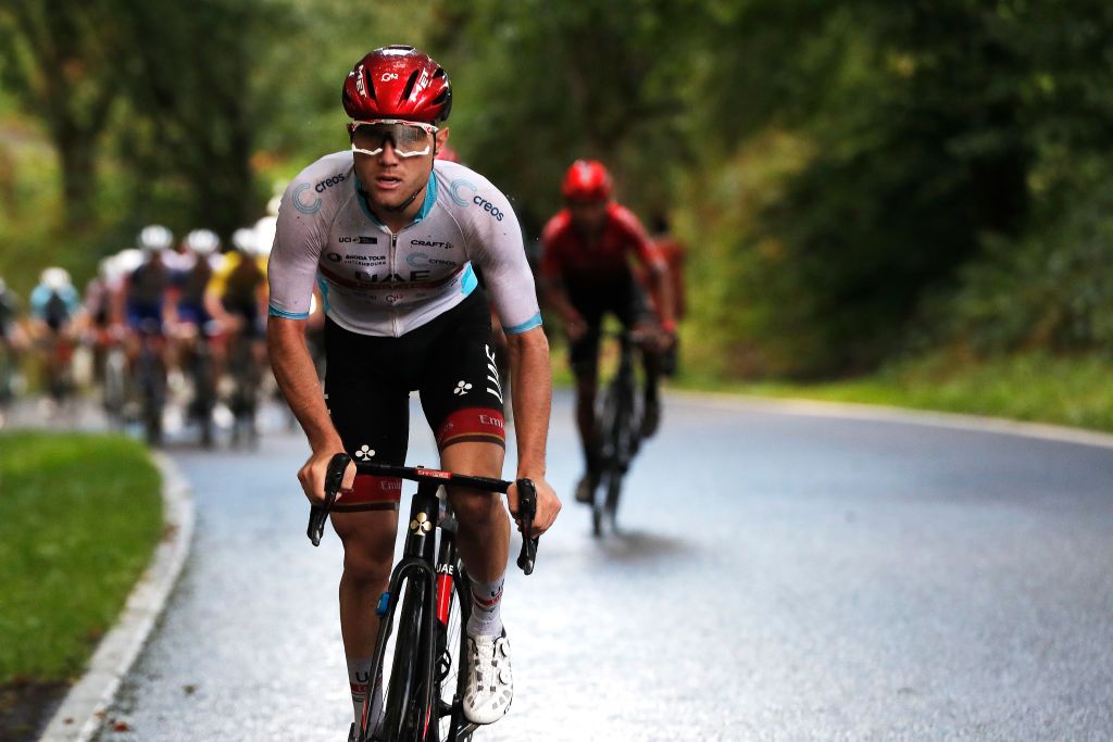 ESCHSURSRE LUXEMBOURG SEPTEMBER 15 Marc Hirschi of Switzerland and UAE Team Emirates white best young rider jersey competes during the 81st SkodaTour De Luxembourg 2021 Stage 2 a 1861km stage from Steinfort to EschSurSre Eschdorf 504m skodatour skodatour on September 15 2021 in EschSurSre Luxembourg Photo by Bas CzerwinskiGetty Images