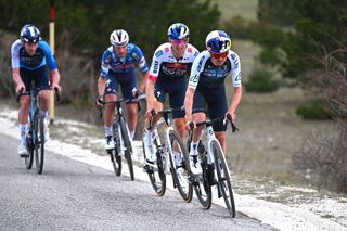 FRONTIGNANO ITALY MARCH 15 Thomas Pidcock of The United Kingdom and Q365 Pro Cycling Team leads the breakaway during the 60th TirrenoAdriatico 2025 Stage 6 a 163km stage from Cartoceto to Frontignano 1324m UCIWT on March 15 2025 in Frontignano Italy Photo by Tim de WaeleGetty Images