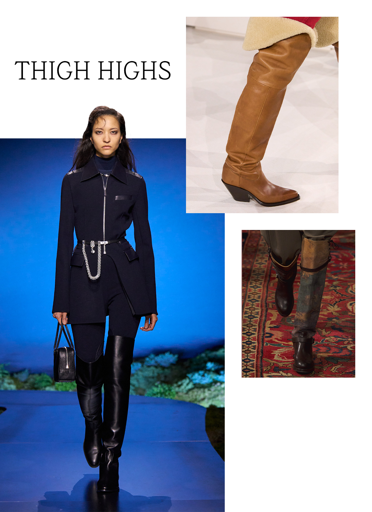 A slide showcasing the fall/winter 2026 thigh-high boot shoe trend with the title, "Thigh Highs," on it. Models at Herm&amp;egrave;s, Chlo&amp;eacute;, and Ralph Lauren are featured.