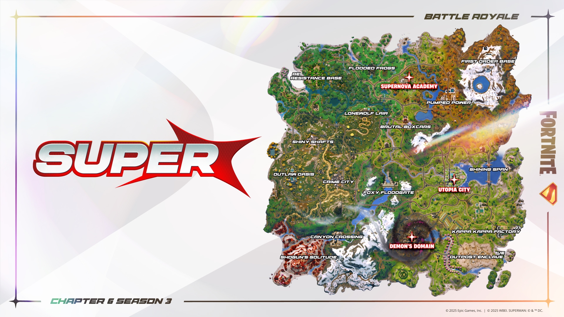The Fortnite Super map, labelled with new locations