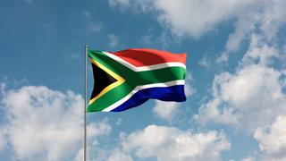 Flag South Africa against cloudy sky. Country, nation, union, banner, government, South African culture, politics. 3D illustration