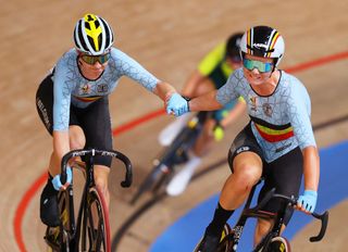 IZU JAPAN AUGUST 06 LR Jolien DHoore and Lotte Kopecky of Team Belgium compete during the Womens Madison final of the track cycling on day fourteen of the Tokyo 2020 Olympic Games at Izu Velodrome on August 06 2021 in Izu Japan Photo by Tim de WaeleGetty Images
