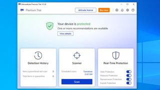 Malwarebytes Premium antivirus dashboard on a Windows desktop captured during testing