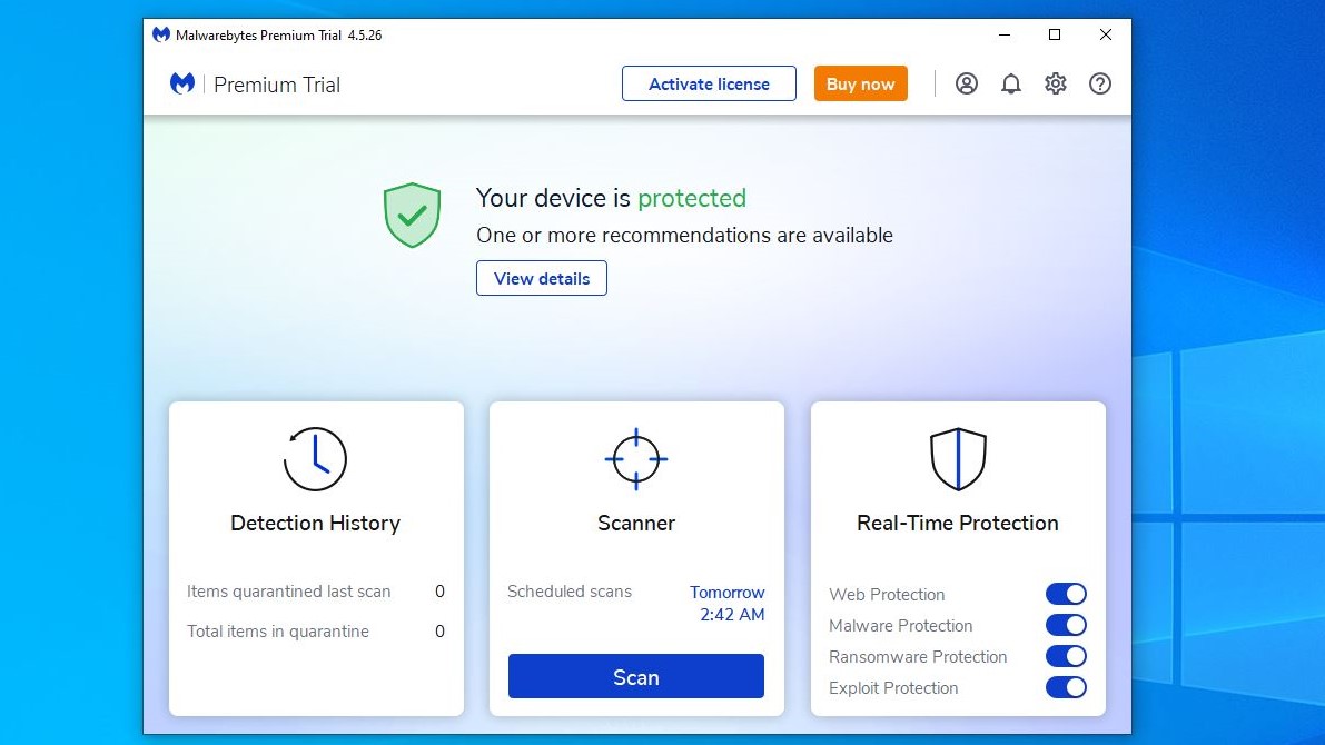 Malwarebytes Premium antivirus dashboard on a Windows desktop