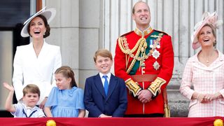 Prince Louis of Cambridge, Catherine, Duchess of Cambridge, Princess Charlotte of Cambridge, Prince George of Cambridge, Prince William, Duke of Cambridge and Sophie, Countess of Wessex watch a flypast