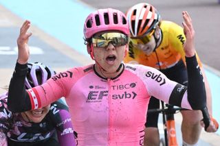 EF EducationTIBCOSVB teams Canadian rider Alison Jackson celebrates as she cycles to the finish line to win the third edition of the ParisRoubaix oneday classic cycling race between Denain and Roubaix on April 8 2023 Photo by Francois LO PRESTI AFP Photo by FRANCOIS LO PRESTIAFP via Getty Images