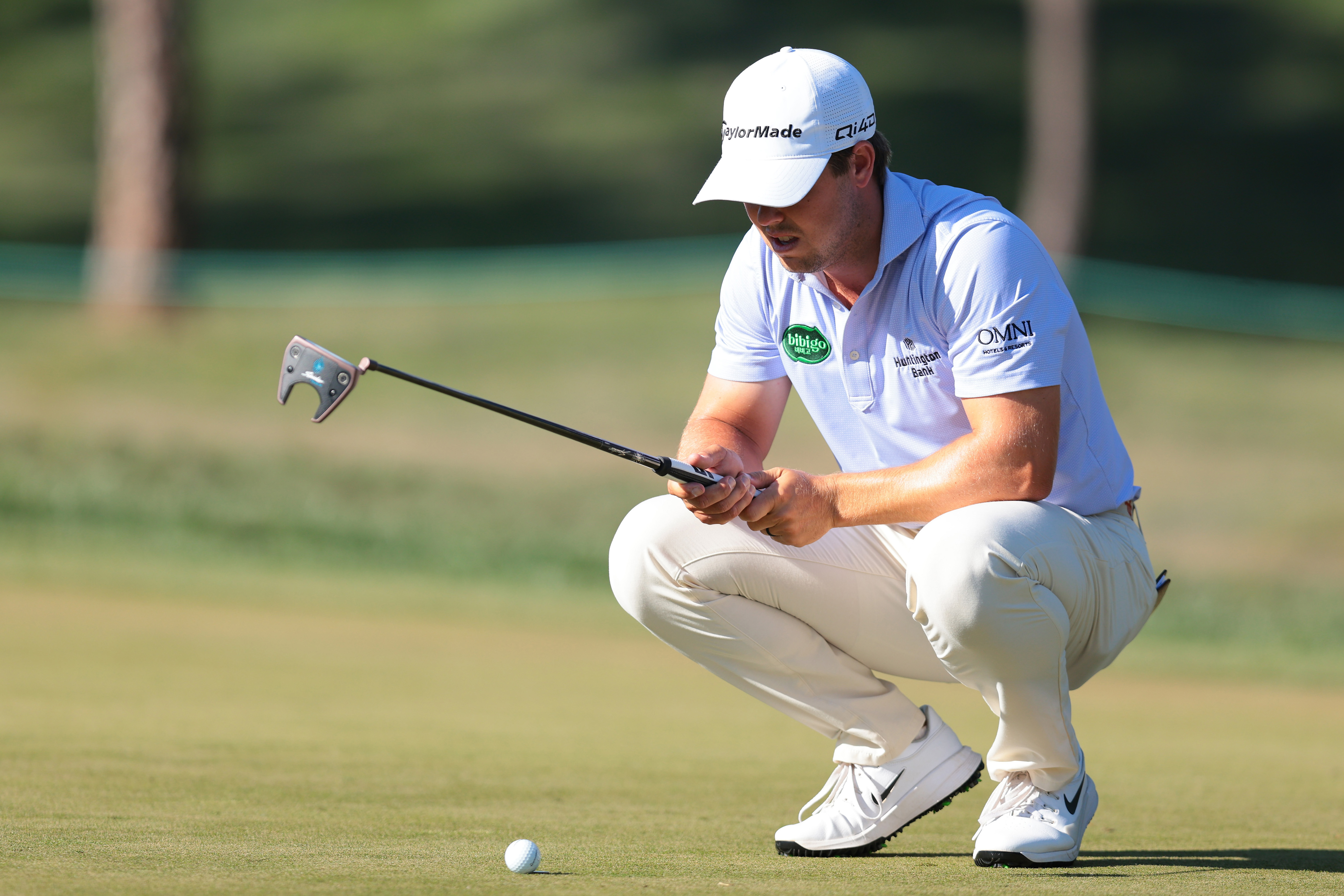 Pierceson Coody lines up a putt on the fifth green during the second round of the Valspar Championship 2026 at Copperhead Course