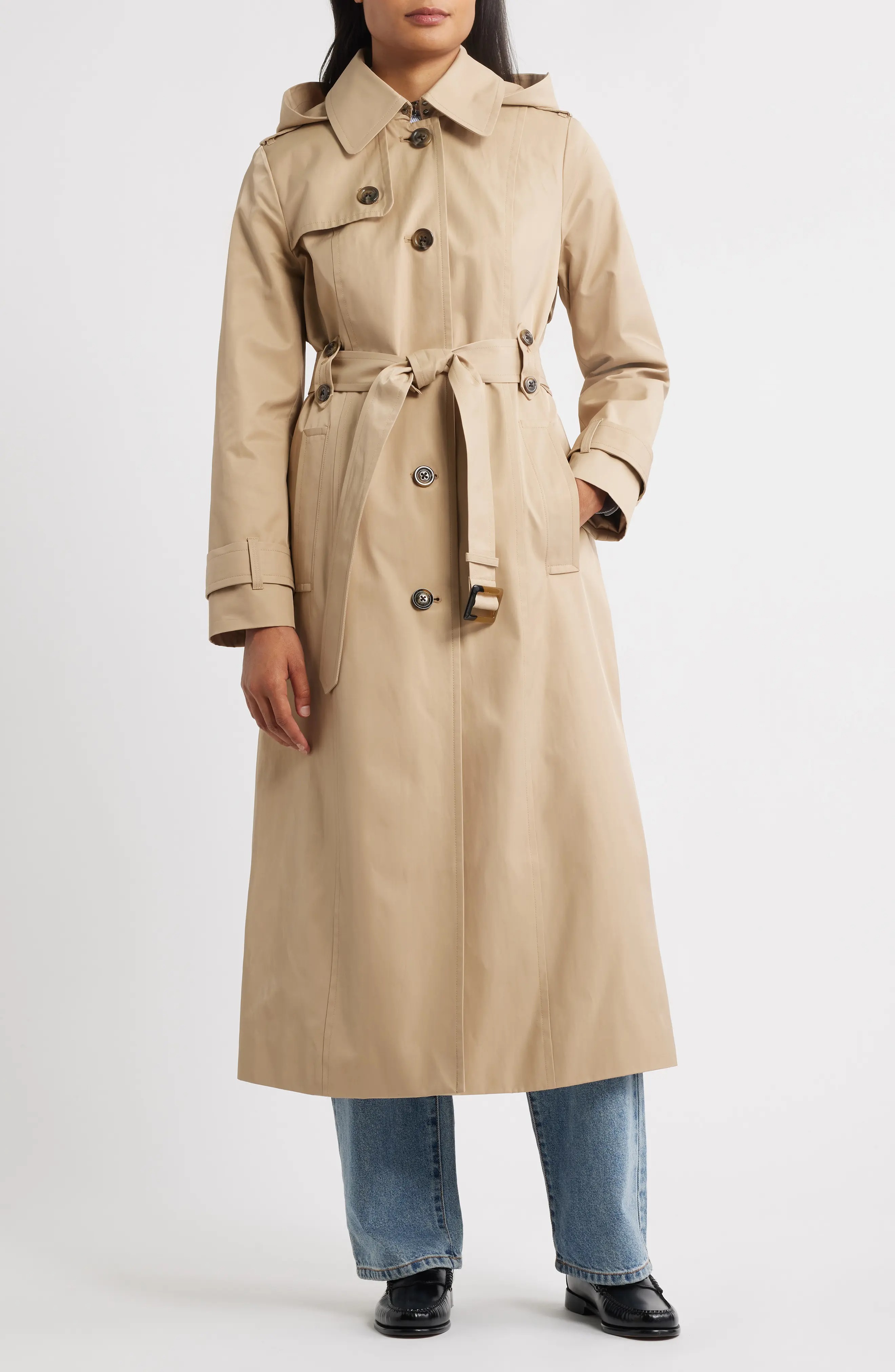 London Fog, Hooded Single Breasted Maxi Trench Coat