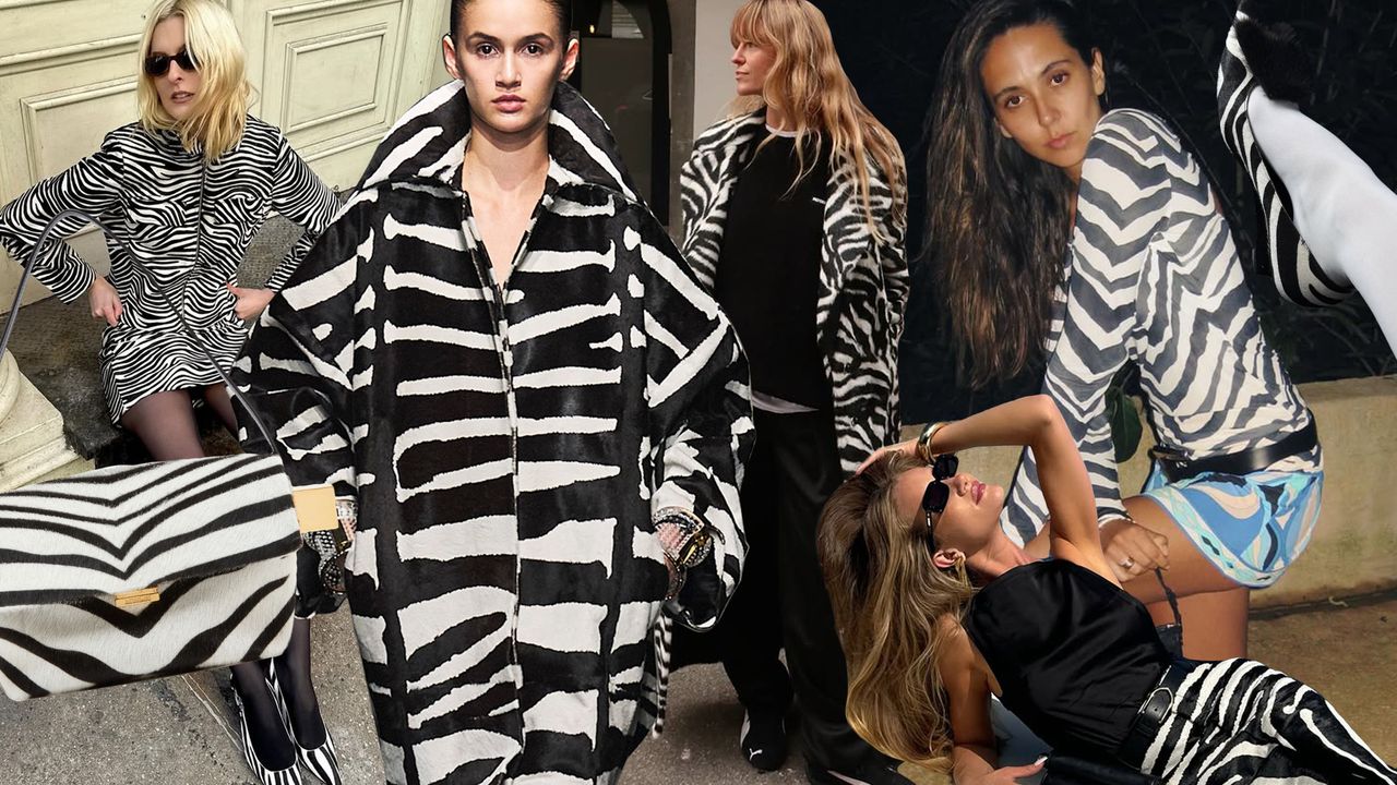 a collage of fashion influencer and runway images featuring 2025&#039;s zebra print trend