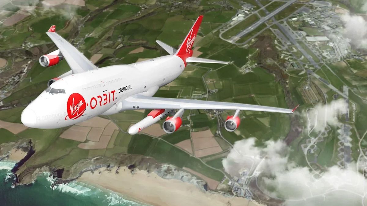 Virgin Orbit&#039;s Cosmic Girl carrier plane takes off from Spaceport Cornwall for a launch in this artist&#039;s view.