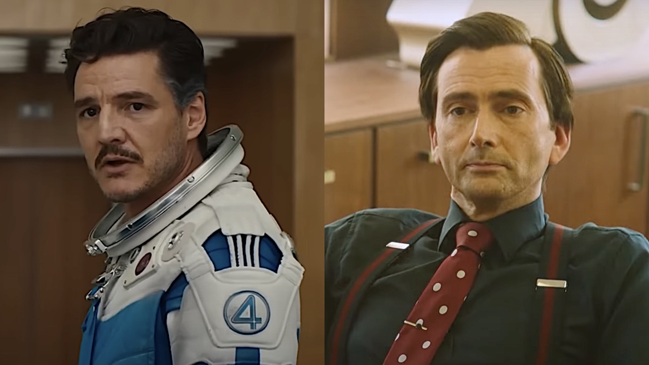 Pedro Pascal wearing space suit as Reed Richards in Fantastic Four: First Steps/ David Tennant wearing polka dot tie in Rivals season 1 (side by side)
