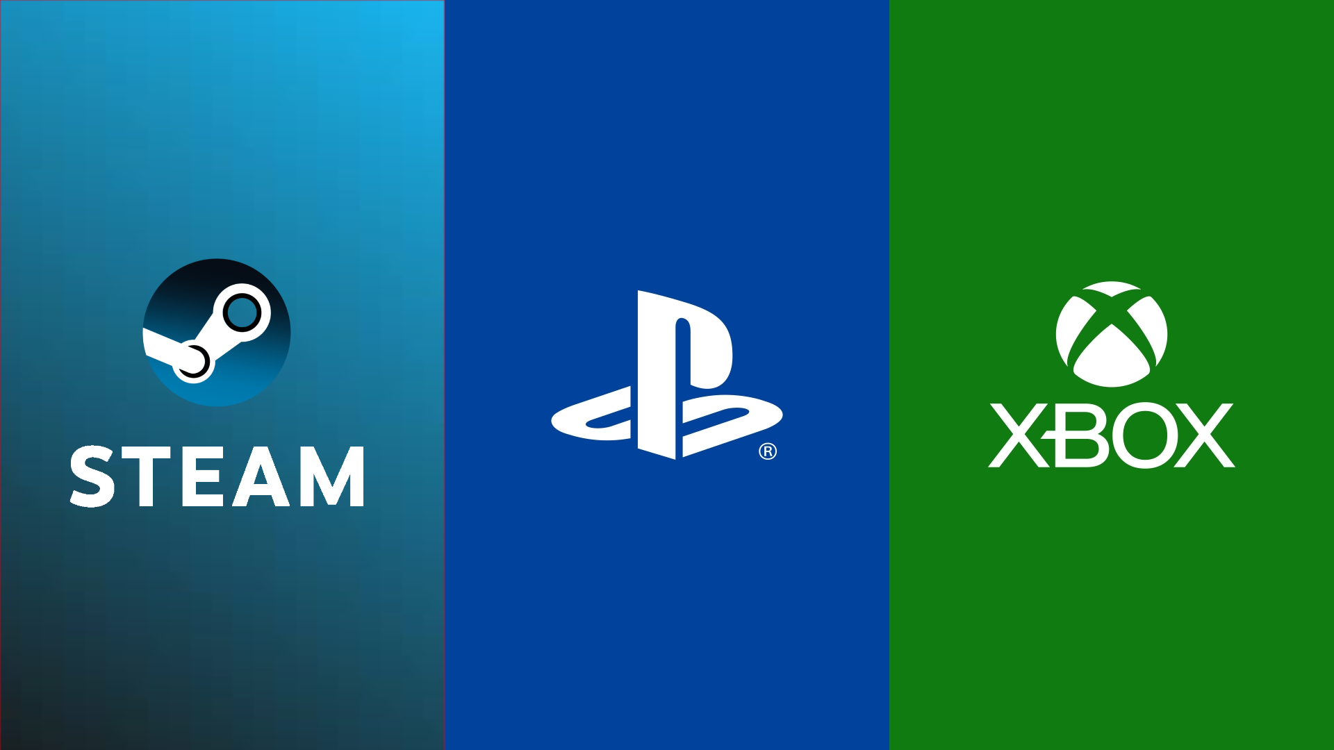 Three vertical panels display logos: Steam on gradient blue, PlayStation on solid blue, and Xbox on green, symbolizing major gaming platforms.