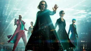 Yahya Abdul-Mateen II, Keanu Reeves, Carrie-Anne Moss and Jessica Henwick stand lined up on the poster for The Matrix Resurrections. 