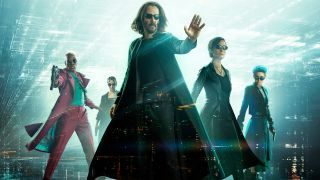 Yahya Abdul-Mateen II, Keanu Reeves, Carrie-Anne Moss and Jessica Henwick stand lined up on the poster for The Matrix Resurrections.