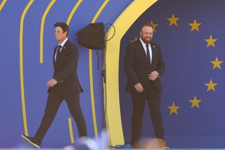 Viktor Hovland and Shane Lowry walk on stage during the 2023 Ryder Cup