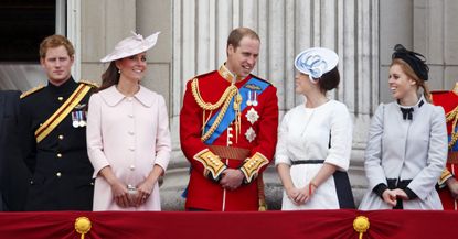 LONDON, UNITED KINGDOM - JUNE 15: (EMBARGOED FOR PUBLICATION IN UK NEWSPAPERS UNTIL 48 HOURS AFTER CREATE DATE AND TIME) Prince Harry, Catherine, Duchess of Cambridge, Prince William, Duke of Cambridge, Princess Eugenie of York and Princess Beatrice of York stand on the balcony of Buckingham Palace during the annual Trooping the Colour Ceremony on June 15, 2013 in London, England. Today's ceremony which marks the Queen's official birthday will not be attended by Prince Philip the Duke of Edinburgh as he recuperates from abdominal surgery. This will also be The Duchess of Cambridge's last public engagement before her baby is due to be born next month. (Photo by Max Mumby/Indigo/Getty Images)
