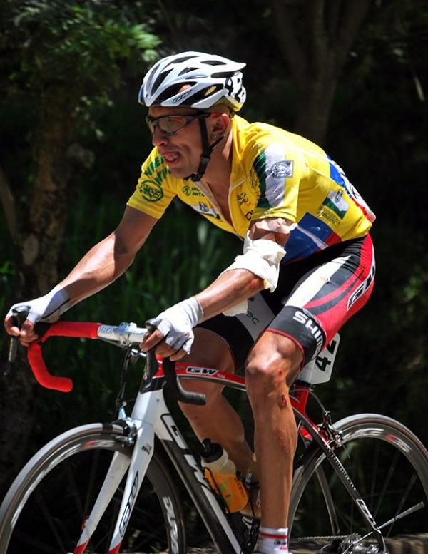 Race leader Marlon Perez sports bandages from a crash suffered in stage 1.