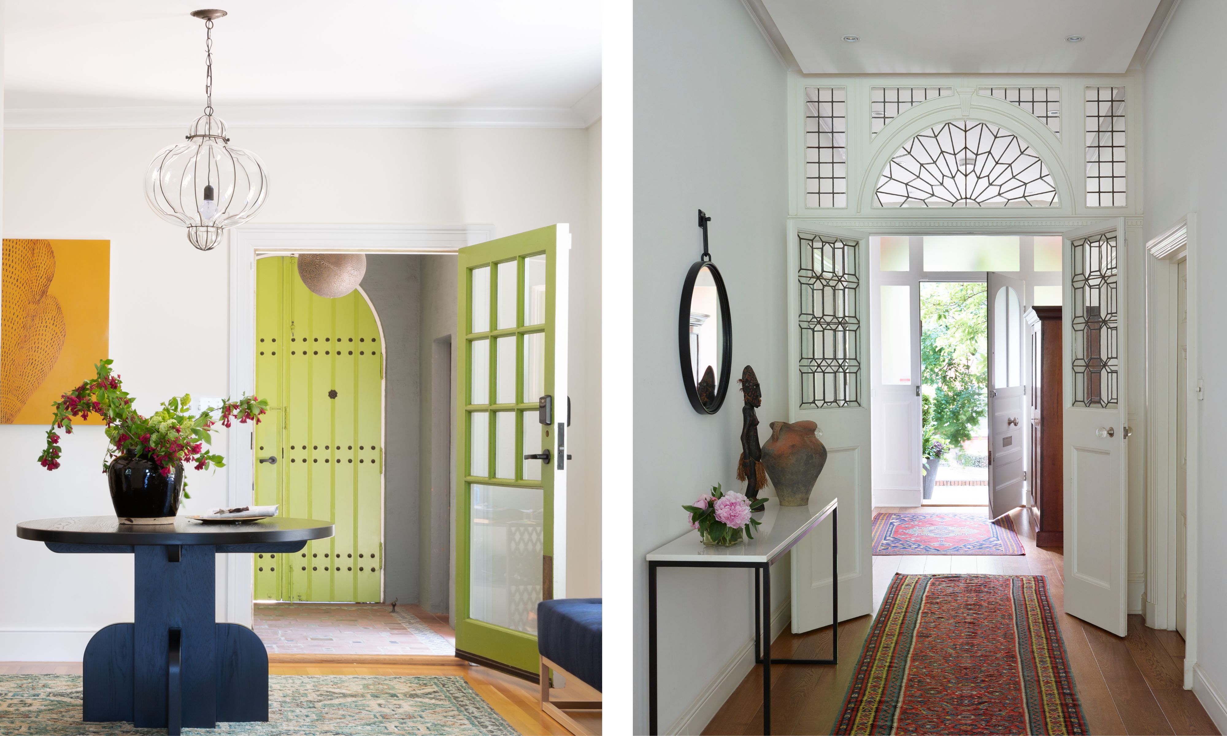 Entryway with green painted door, contemporary table and green persian rug and traditional entryway with stained glass and long red persian runner