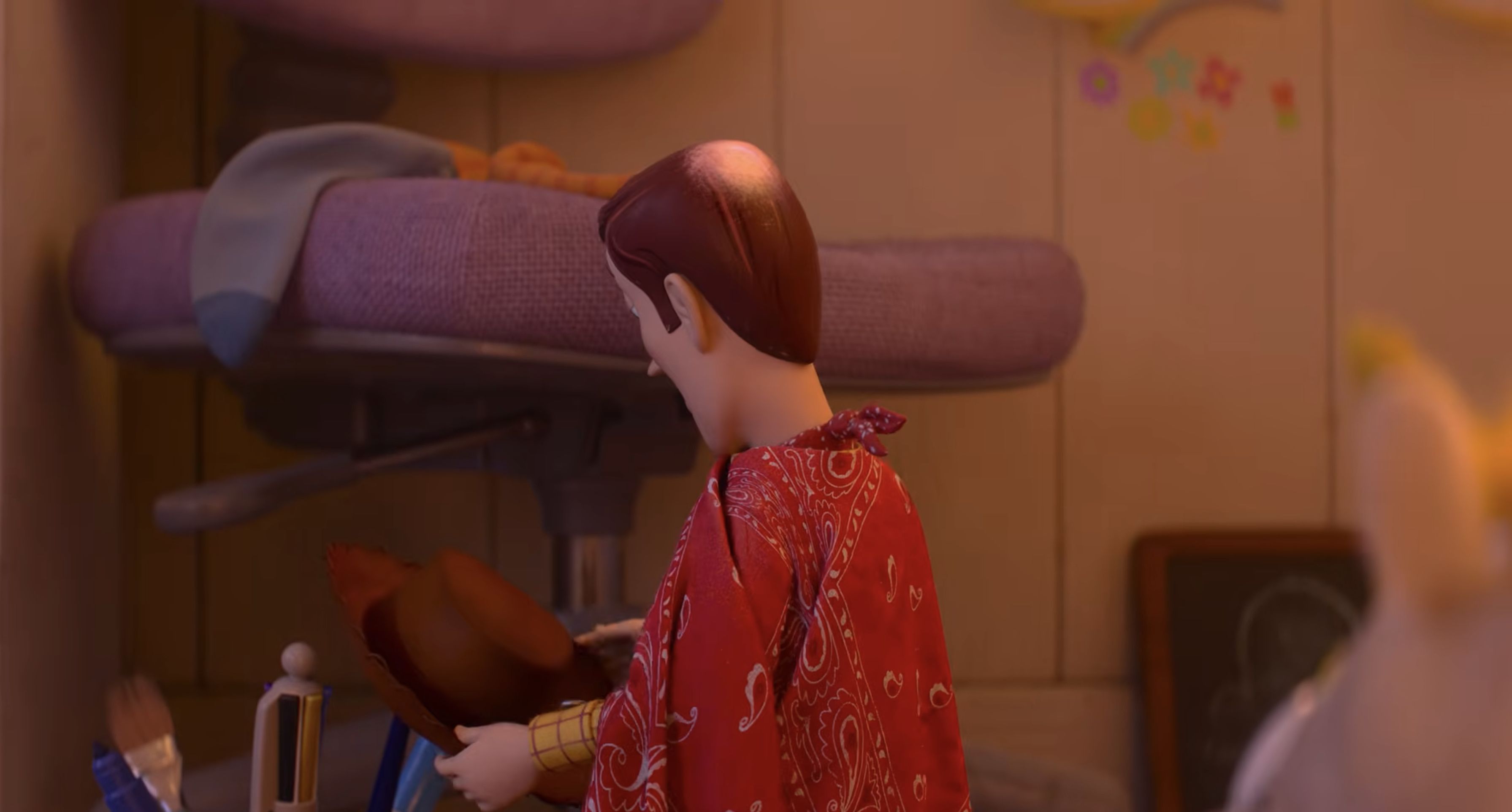 Toy Story 5 trailer shot showing Woody with a bald patch