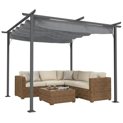 metal pergola with retractable awning with wicker patio furniture